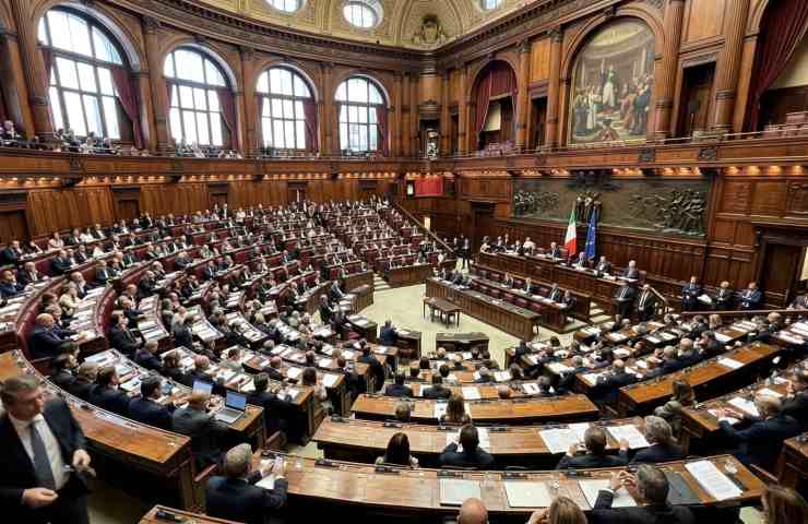 Parlamento italiano aula Montecitorio gremita deputati seduta luminosa veduta panoramica dall'alto.